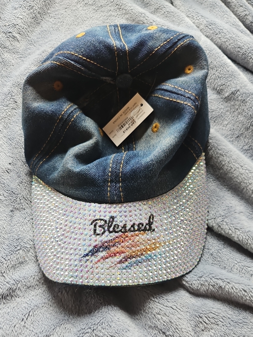 Denim Cap with Iridescent Crystal Brim - 'Blessed' Embroidery